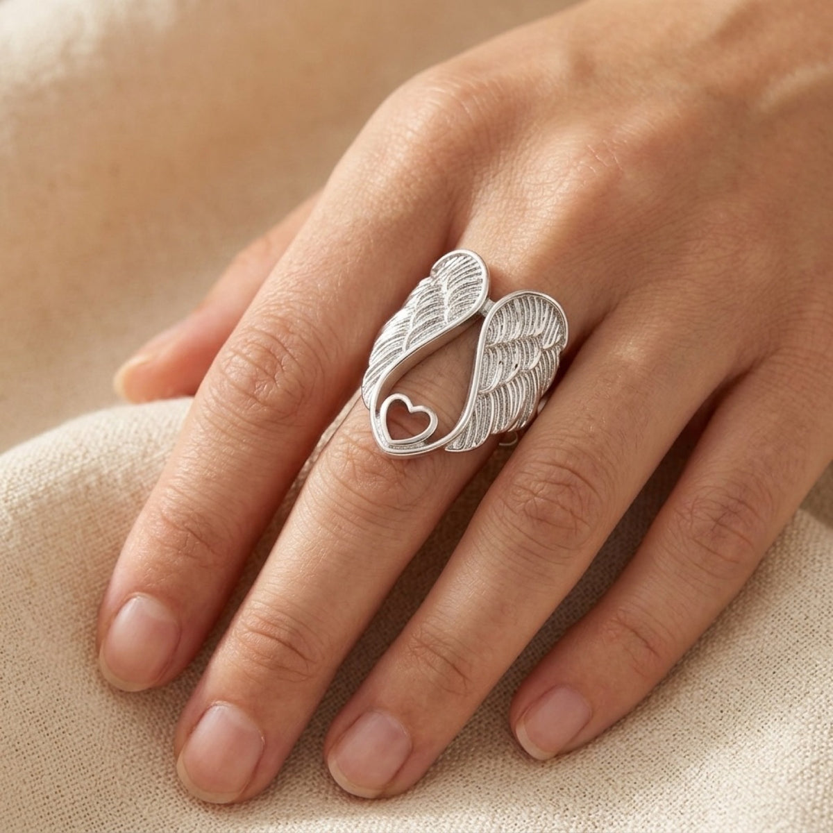 Angel Wings Heart Biker Heavenly Love Ring worn