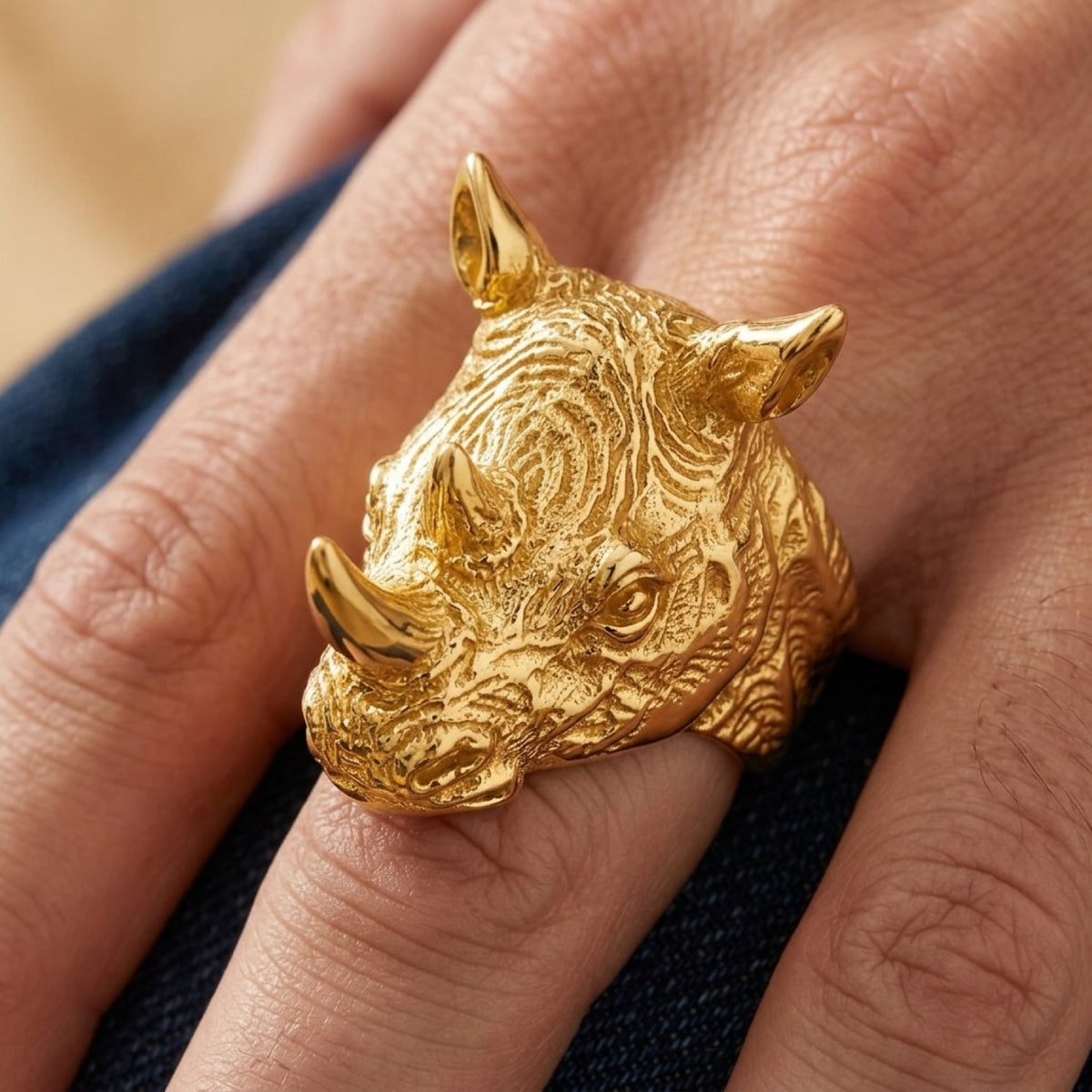 18k Gold PVD Rhinoceros Head Horn Tusk African Animal Ring worn