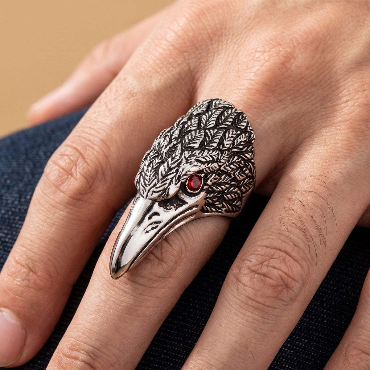 Eagle Bird Animal Open Flying Red CZ Eye Ring worn