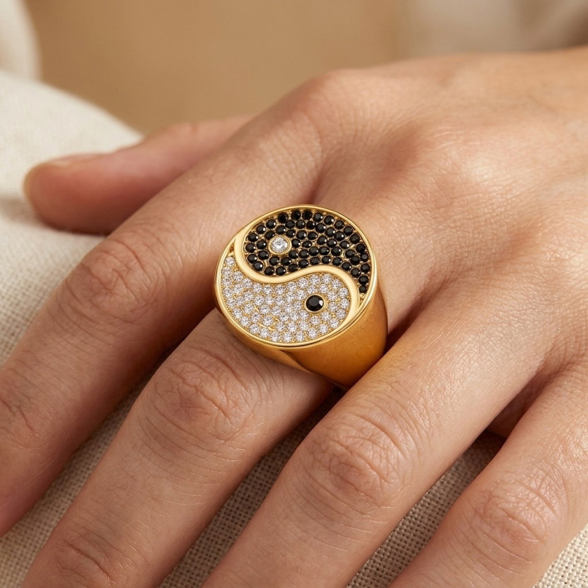 18k Gold PVD Black White CZ Yin Yang Peace Ring worn