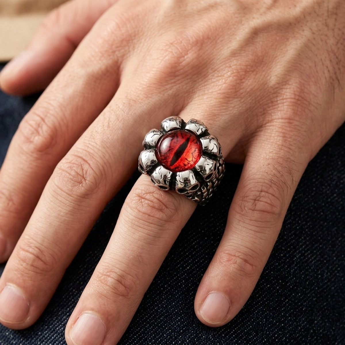 Skull Halo Biker Halloween Evil Eye Red Ring worn