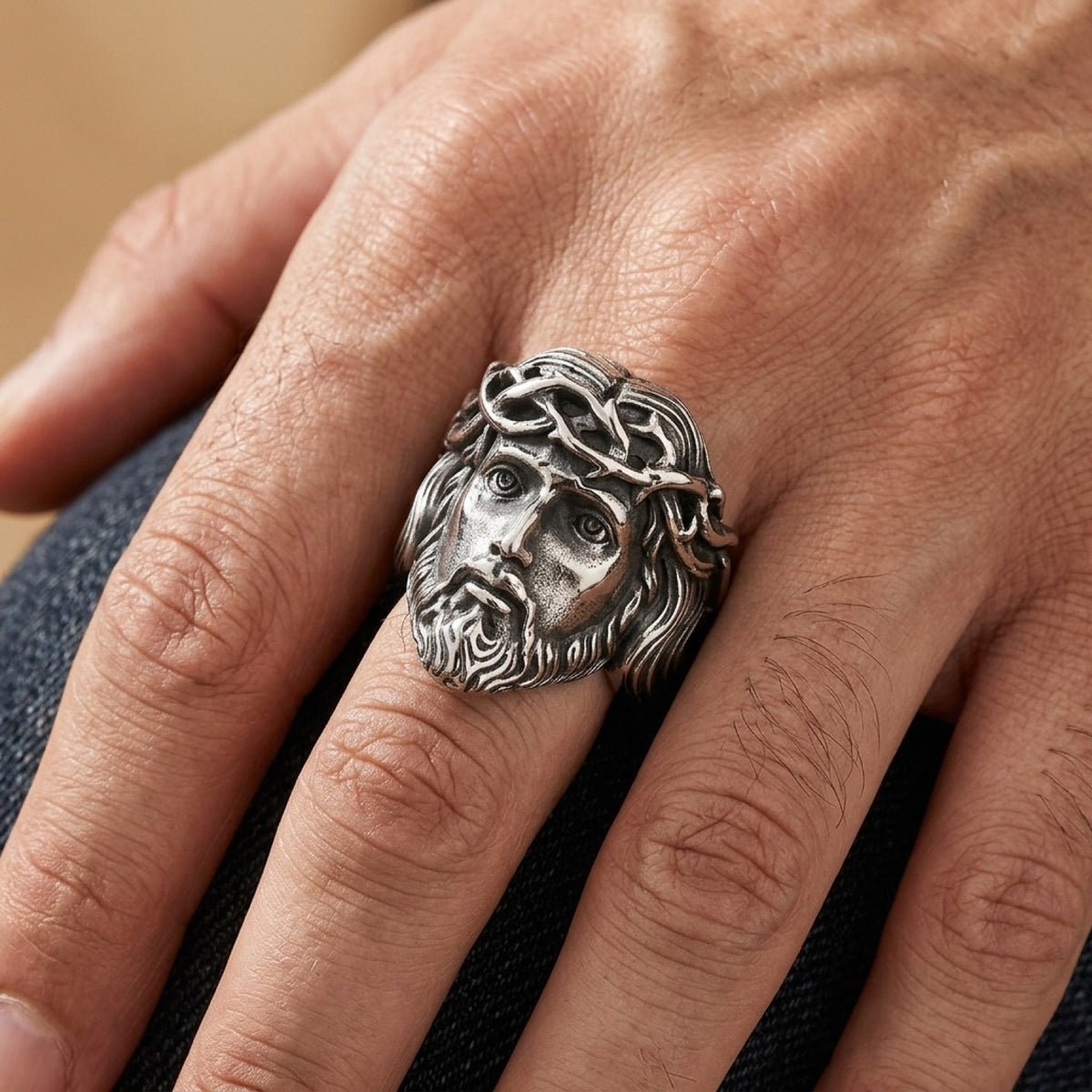 Jesus Crown of Thorns Crucifix Ring worn