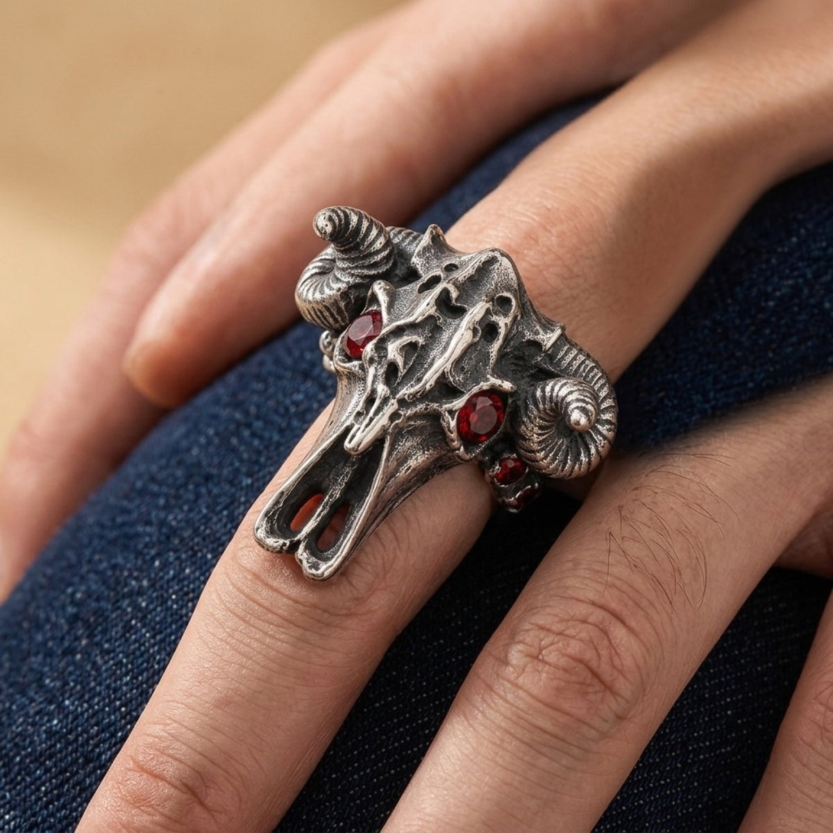 Longhorn Bull Skull Cowboy Red CZ Eye Animal Ring worn