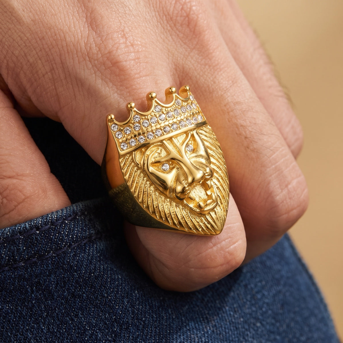 18k Gold PVD Lion Cat King Crown Clear CZ Animal Head Ring worn