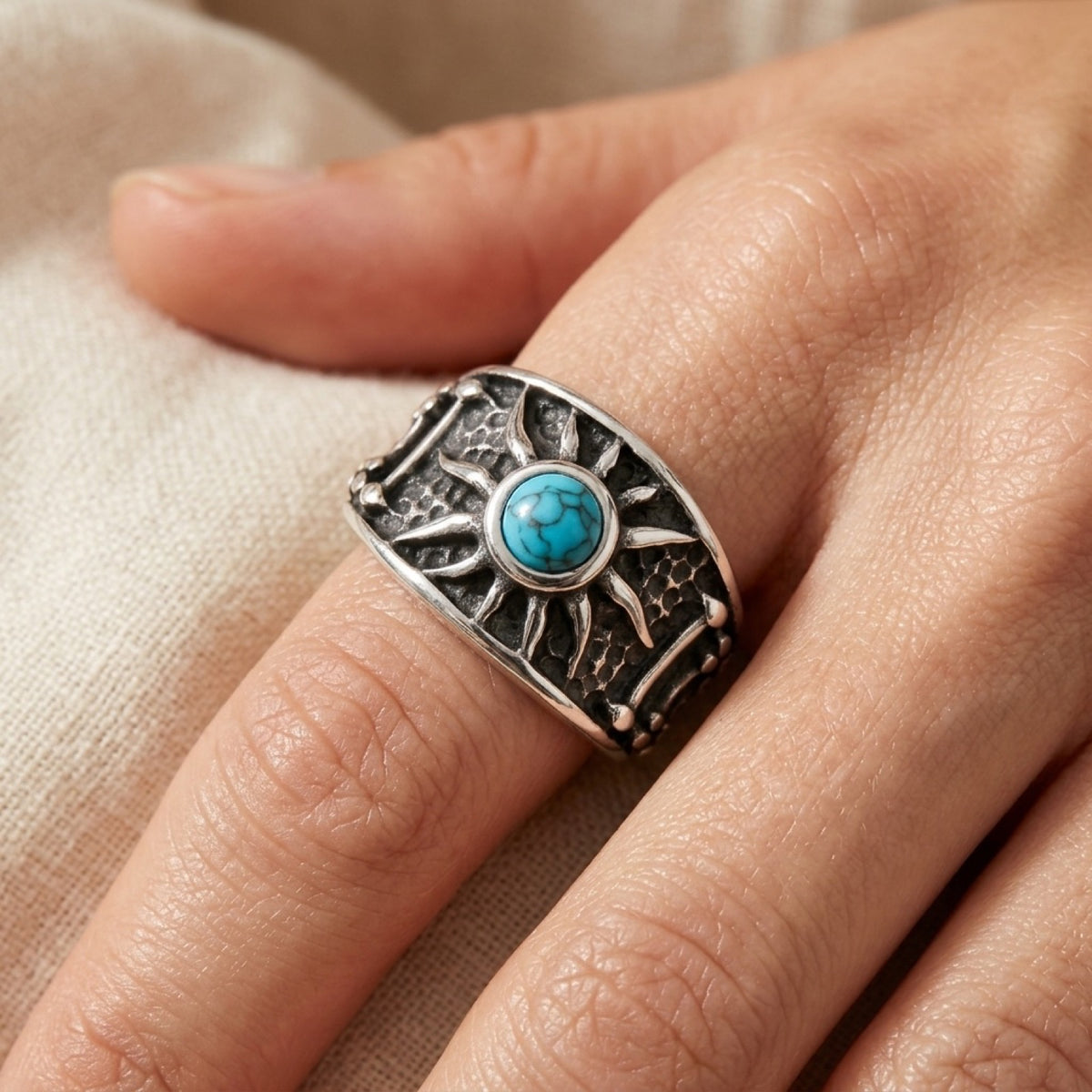 Sun Simulated Turquoise Stone Ring worn