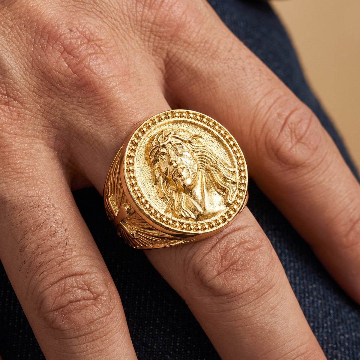 18k Gold PVD Jesus Christ Crown of Thorns Ring worn
