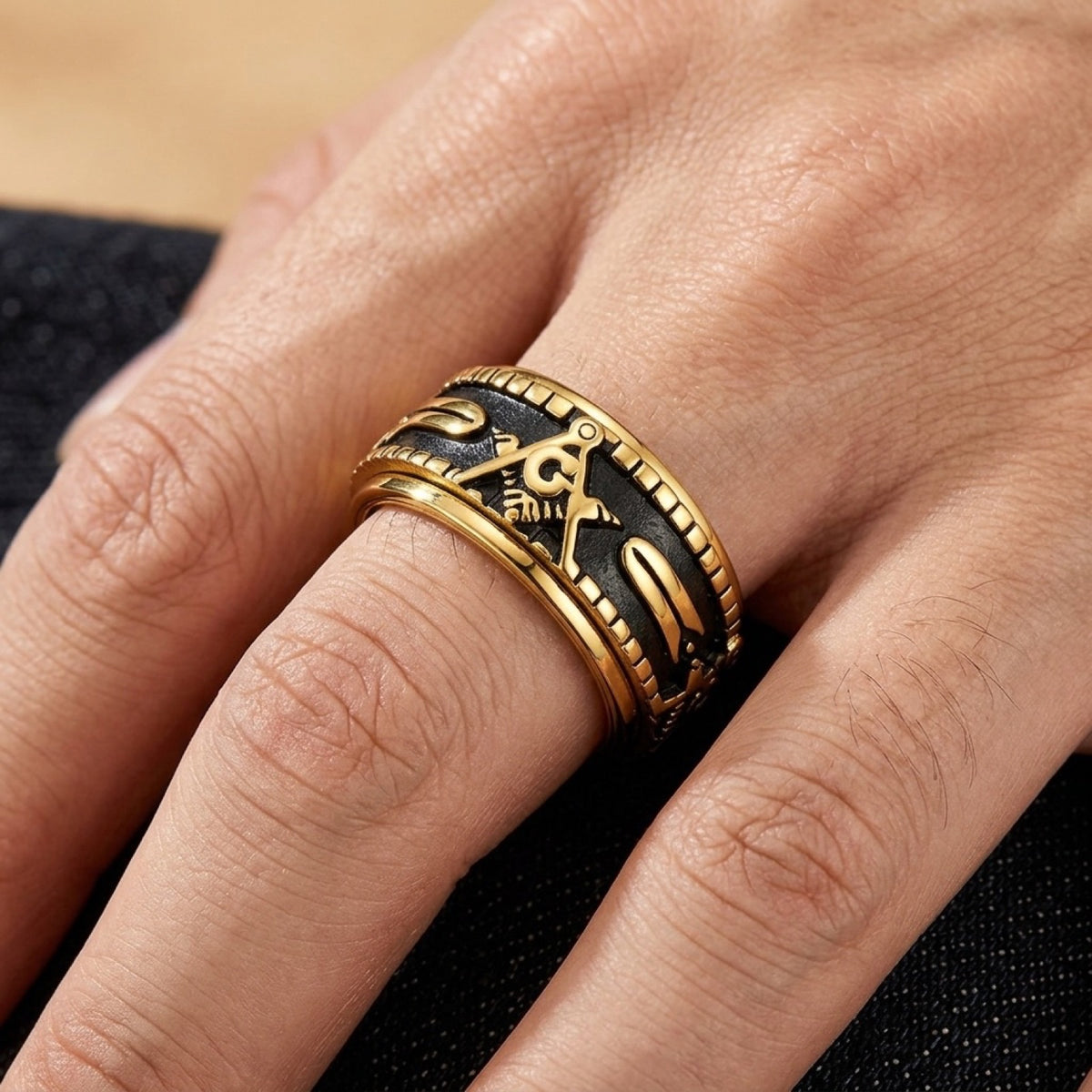 18k Gold PVD Masonic Freemason Compass Signet Ring worn