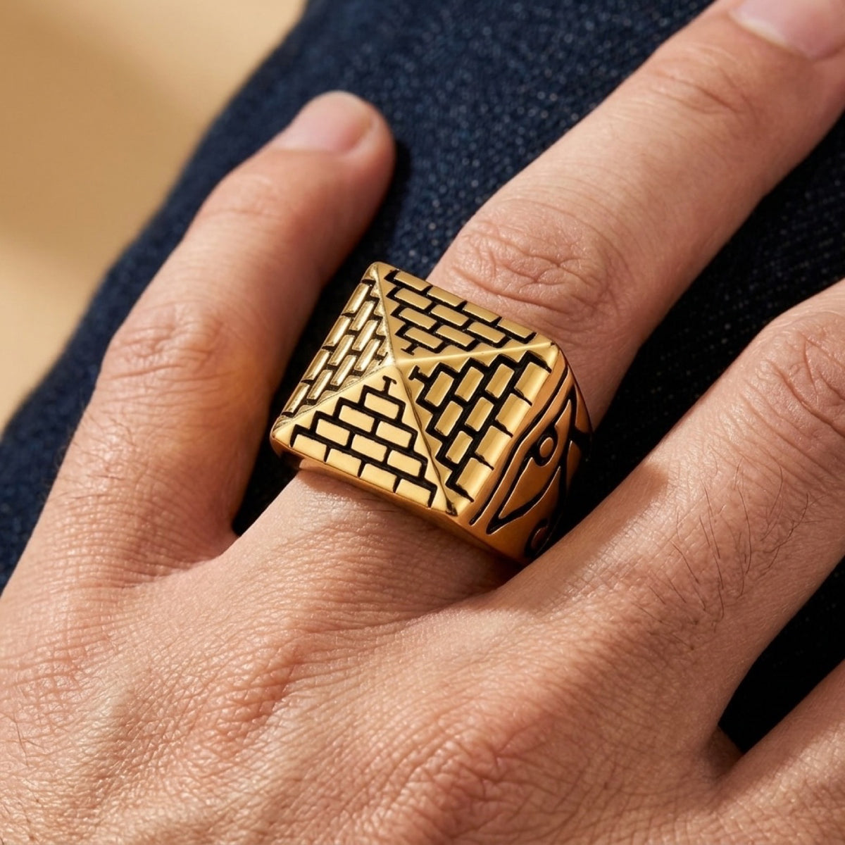 18k Gold PVD Eye of Horus Egyptian Pyramid Ring worn