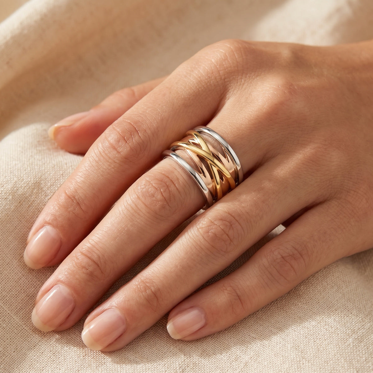 18k Gold PVD Criss Cros Knot Wide Ring worn