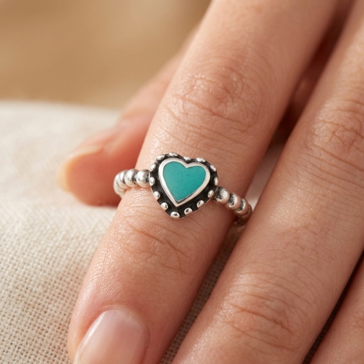 Bali Promise Turquoise Heart Ring worn