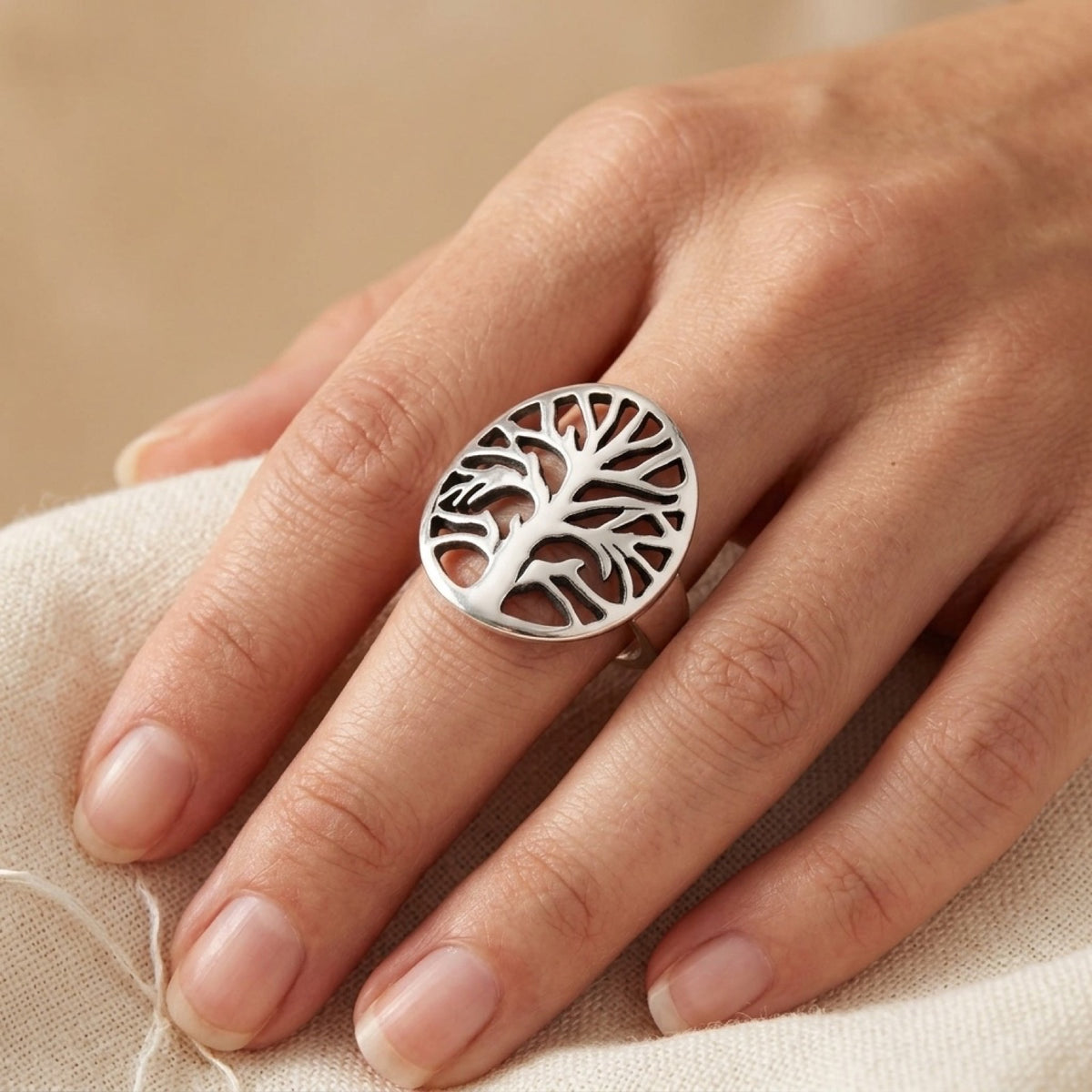 Cutout Tree of Life Spiritual Ring worn