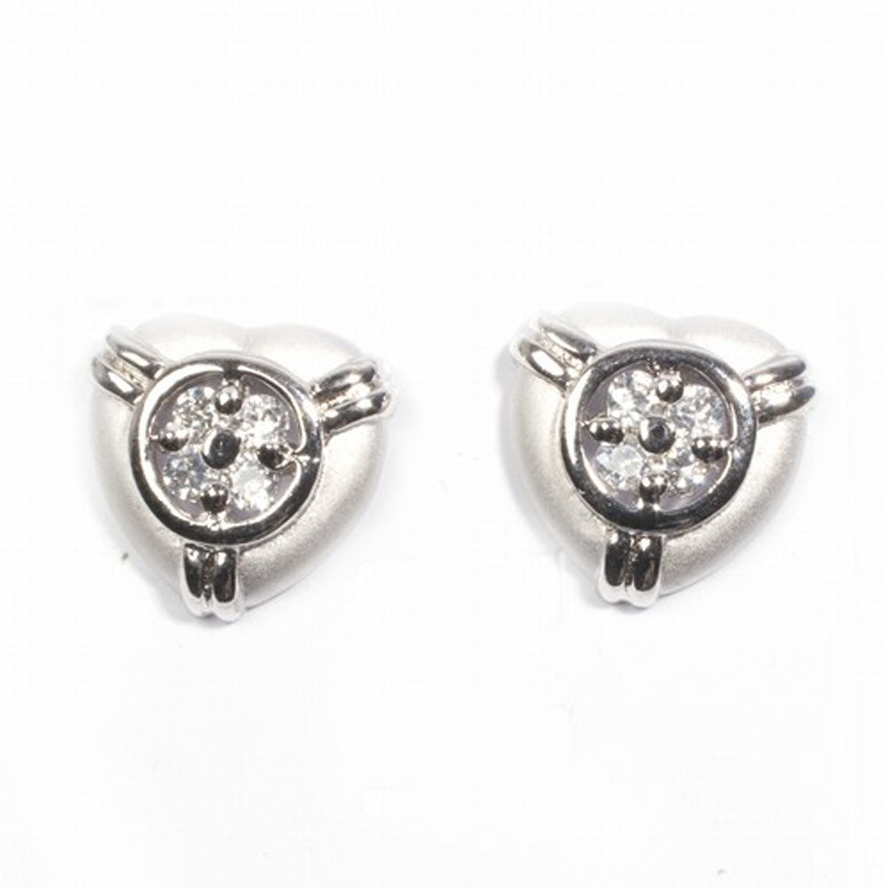 Satin Finish Heart Love Promise Studded Clear CZ Stud Earrings – Sterling Silver