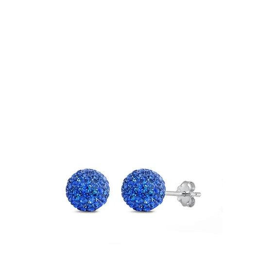High Polished Rhinestone Studded Ball Blue CZ Stud Earrings – Sterling Silver