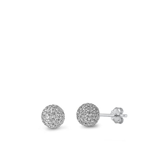 High Polished Rhinestone Studded Sphere Clear CZ Stud Earrings – Sterling Silver