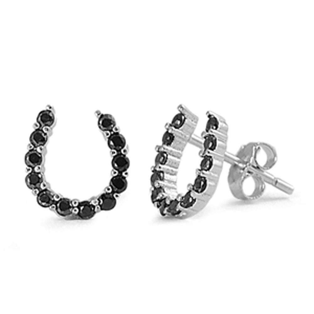 Horseshoe Simulated Black CZ Earrings – Sterling Silver