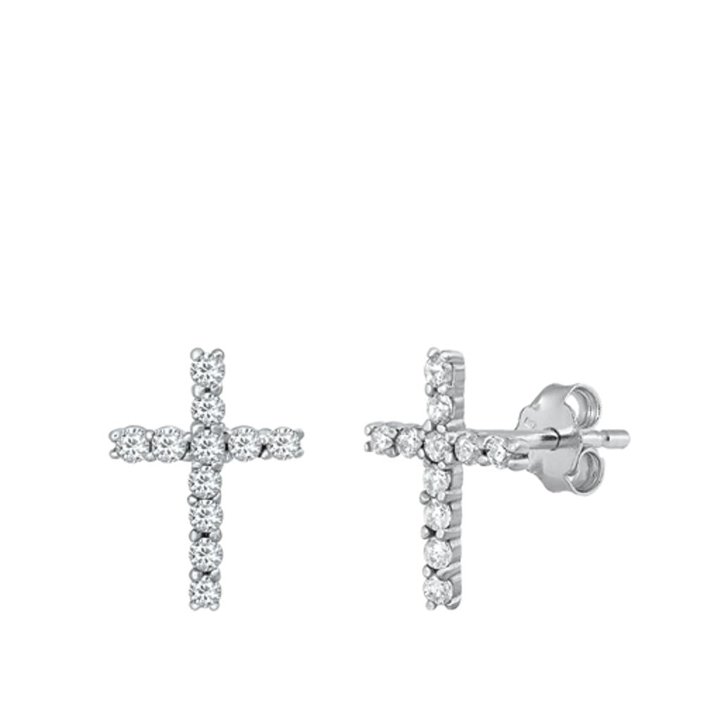 High Polished Studded Cross Clear CZ Stud Earrings – Sterling Silver