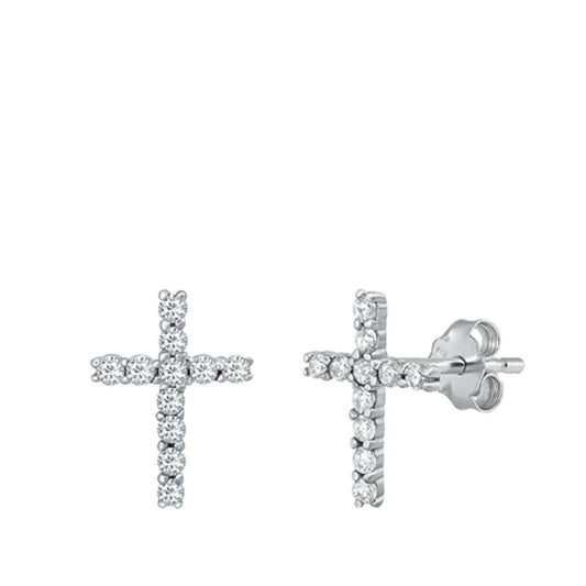 High Polished Studded Cross Clear CZ Stud Earrings – Sterling Silver