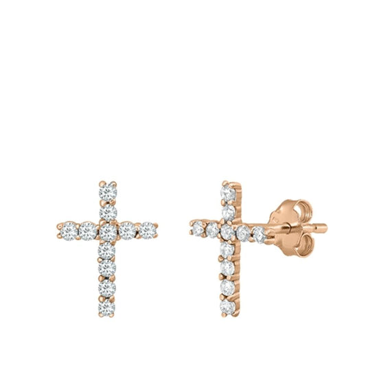 Rose Gold-Tone Cross Christian Clear CZ Earrings – Sterling Silver