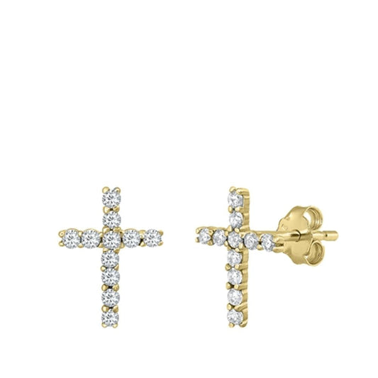 Beautiful Studded Cross Gold-Tone Clear CZ Stud Earrings – Sterling Silver