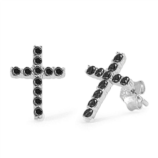 Religious Symbol Studded Cross Sparkly Black CZ Stud Earrings – Sterling Silver