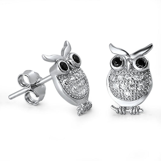 Owl Simulated Black Clear CZ Earrings – Sterling Silver