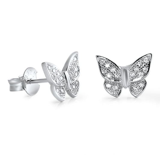 Studded Butterfly Animal Garden Wing Clear CZ Stud Earrings – Sterling Silver