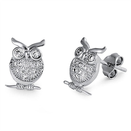 Owl Simulated Clear CZ Earrings – Sterling Silver