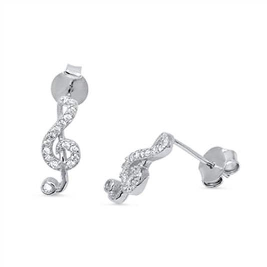 Music Note Treble Clef Simulated Clear CZ Earrings – Sterling Silver
