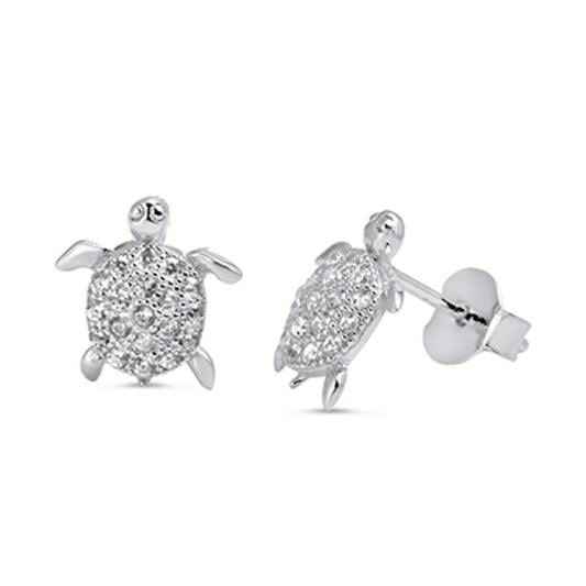 Animal Tiny Studded Turtle Simulated Clear CZ Stud Earrings – Sterling Silver