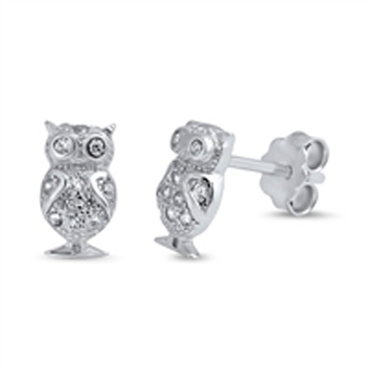 Animal Tiny Sparkly Owl Forest Clear CZ Earrings – Sterling Silver