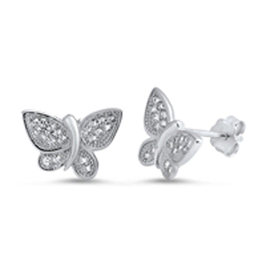 Studded Wing Tiny Butterfly Simulated Clear CZ Stud Earrings – Sterling Silver