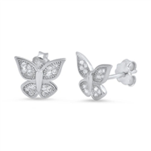 Studded Wing Tiny Butterfly Bug Clear CZ Stud Earrings – Sterling Silver
