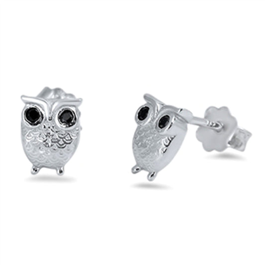 Bird Tiny High Polish Owl Nature Black CZ Earrings – Sterling Silver