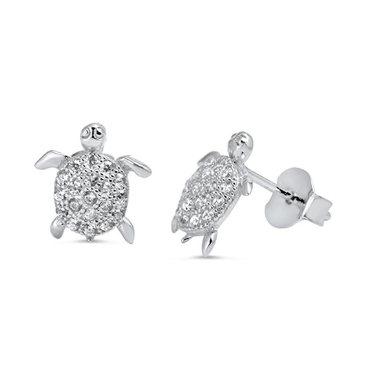 Animal Studded Turtle Seashell Simulated Clear CZ Stud Earrings – Sterling Silver