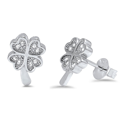 Four Leaf Clover Tiny Studded Shamrock Clear CZ Stud Earrings – Sterling Silver