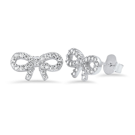 Bow Tiny Studded Ribbon Simulated Clear CZ Stud Earrings – Sterling Silver