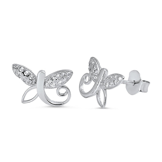 Studded Dragonfly Filigree Swirl Insect Clear CZ Stud Earrings – Sterling Silver