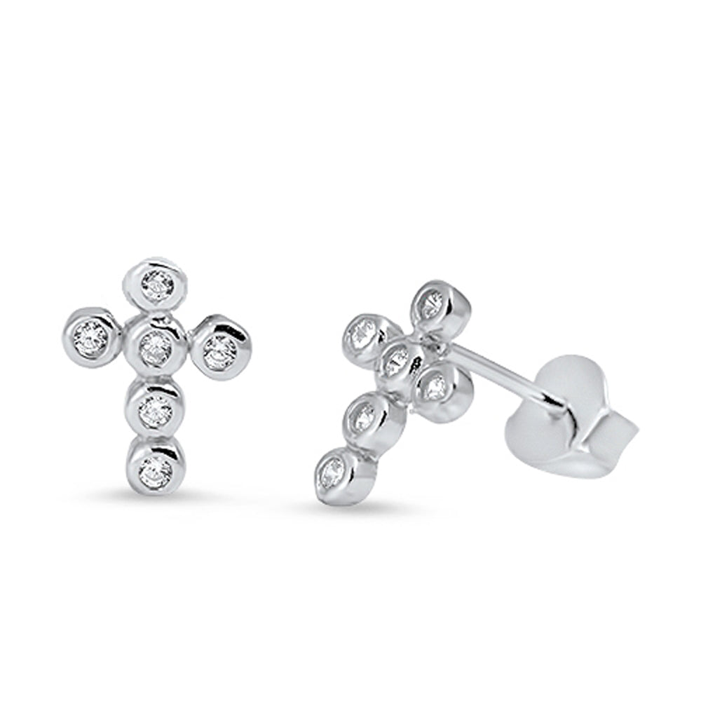 Modern Round Cross Simple Faith Christian Clear CZ Earrings – Sterling Silver