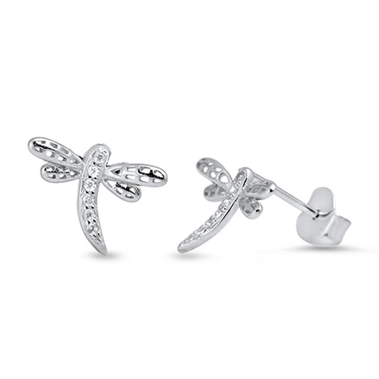 Animal Sparkly Studded Dragonfly Wing Clear CZ Stud Earrings – Sterling Silver