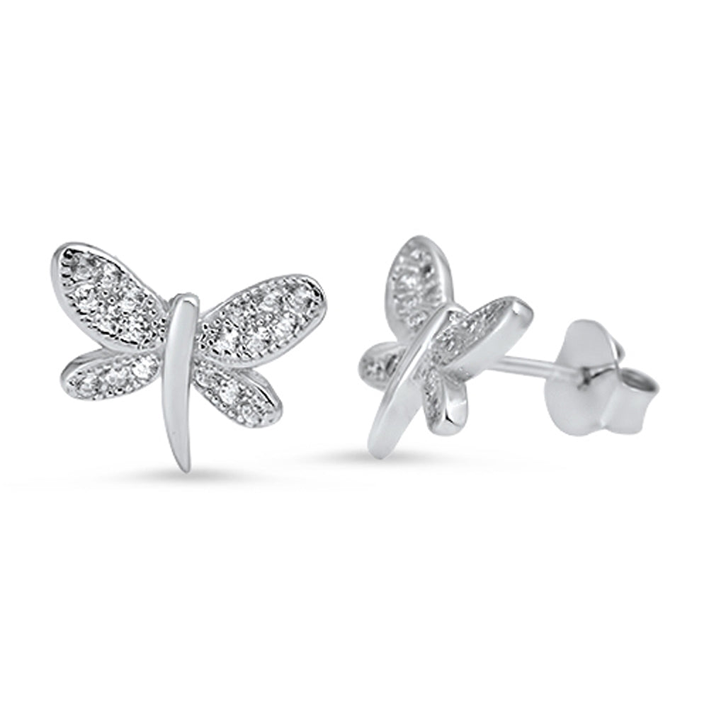 Bug Simple Studded Dragonfly Simulated Clear CZ Stud Earrings – Sterling Silver
