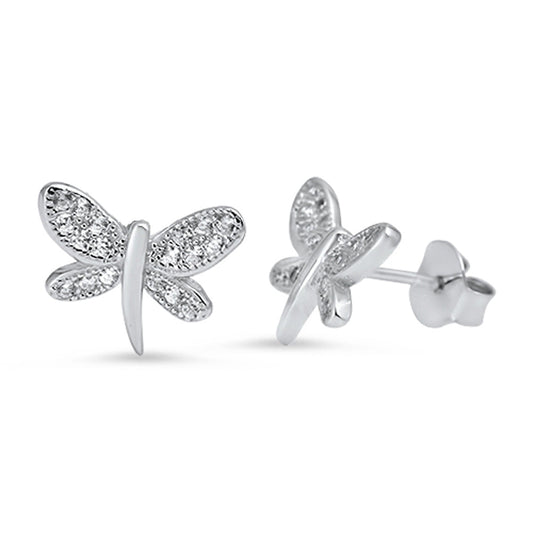 Bug Simple Studded Dragonfly Simulated Clear CZ Stud Earrings – Sterling Silver