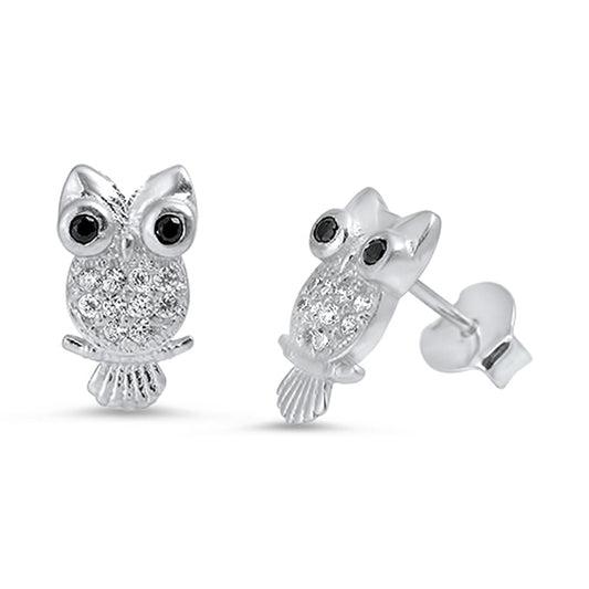 Animal Studded Owl Forest Simulated Clear CZ Stud Earrings – Sterling Silver