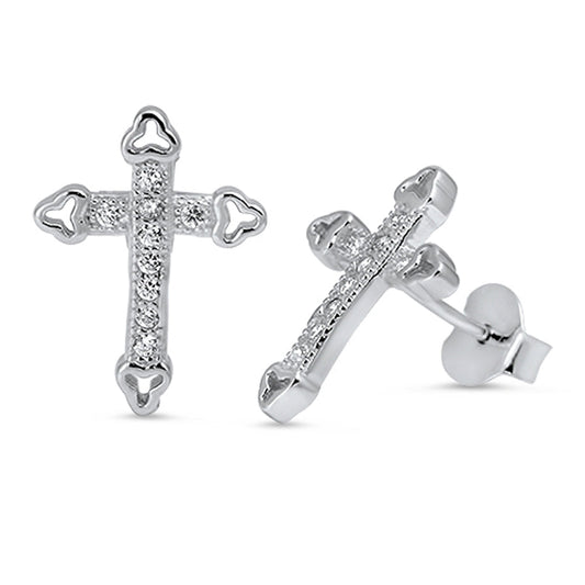 Simple Studded Cross Crucifix Simulated Clear CZ Stud Earrings – Sterling Silver