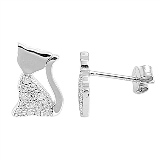 Animal Tiny Studded Cat Silhouette Clear CZ Stud Earrings – Sterling Silver