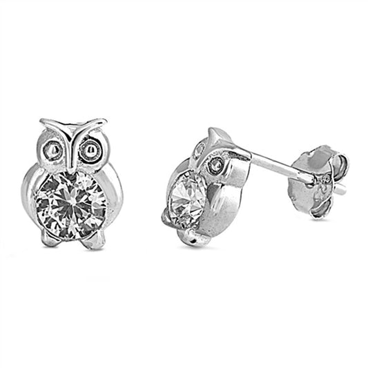 Bird Tiny Studded Owl Forest Critter Clear CZ Stud Earrings – Sterling Silver