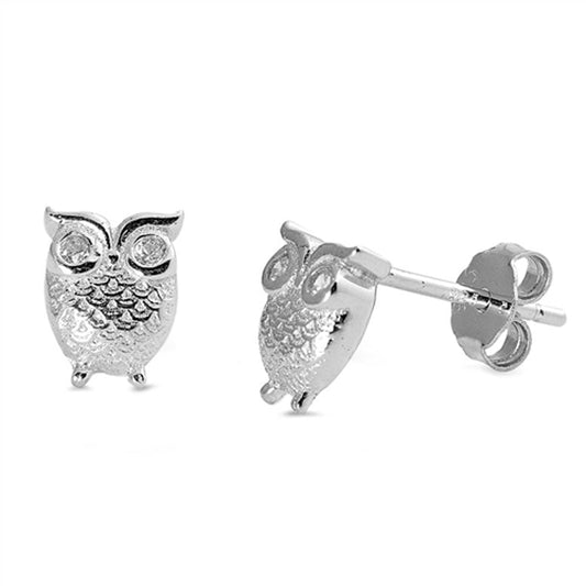 Bird Tiny Owl Feather Simulated Clear CZ Earrings – Sterling Silver