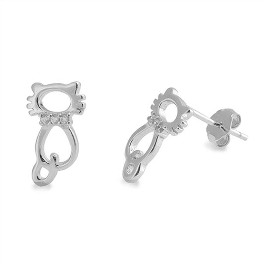 Animal Open Abstract Cat Kitten Clear CZ Post Earrings – Sterling Silver