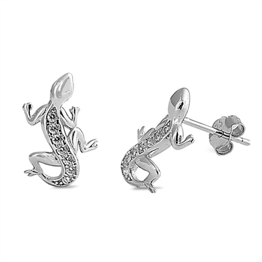 Animal Studded Climbing Lizard Gecko Clear CZ Stud Earrings – Sterling Silver