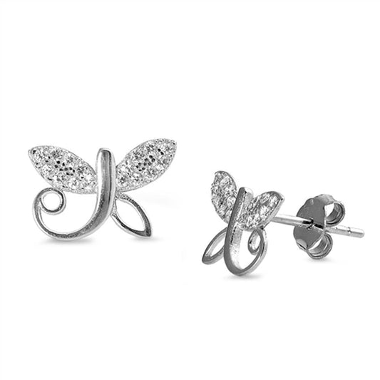 Studded Dragonfly Filigree Swirl Wing Clear CZ Stud Earrings – Sterling Silver