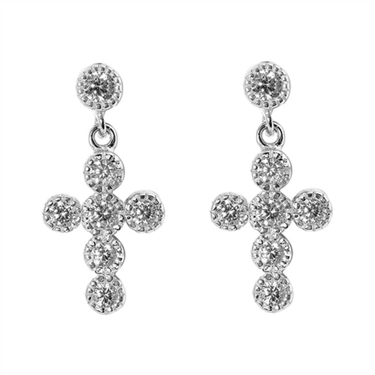 Classic Studded Cross Simple Simulated Clear CZ Dangle Earrings – Sterling Silver